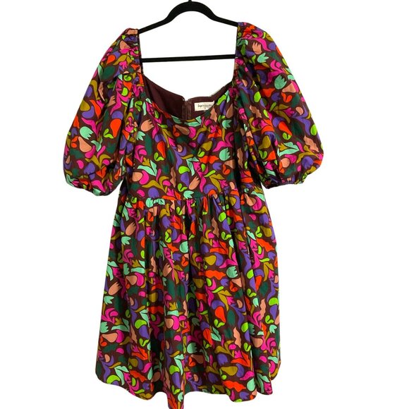 IMPRESSIONS Plus Size Babydoll Printed Colorful Puff Sleeve Brown Dress size 3X - Picture 2 of 15